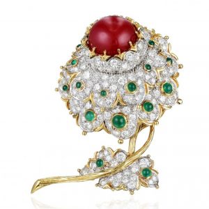 Cartier Coral, Diamond, and Emerald Flower Brooch