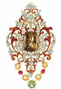 Renaissance Revival Gold, Enamel, Gem-Set and Diamond Brooch