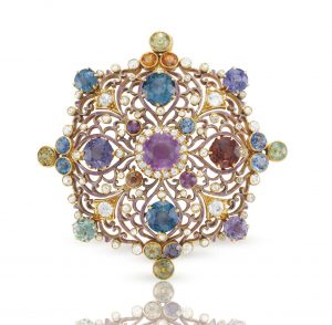 Renaissance Revival multi-coloured sapphire diamond brooch