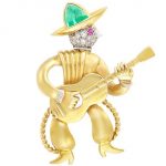 Retro Two-Color Gold, Emerald, Diamond and Ruby Cowboy Brooch