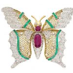 Two-Color Gold, Garnet, Emerald and Diamond Butterfly Brooch