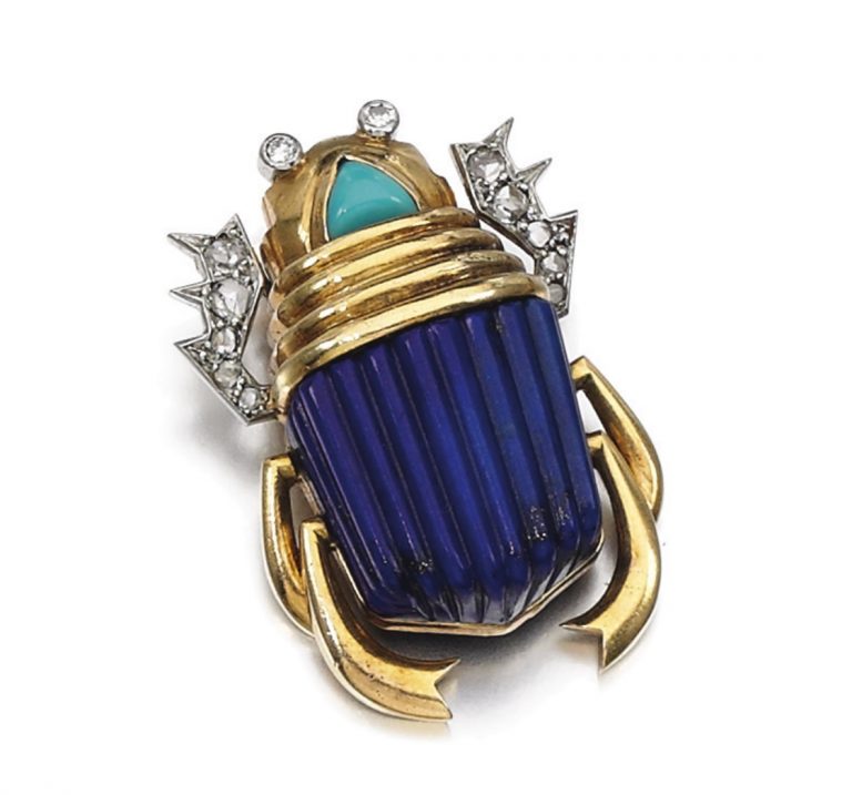 Lapis lazuli, turquoise and diamond brooch, Cartier