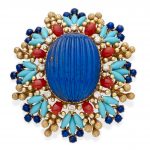 A lapis lazuli, turquoise, coral, diamond and gold brooch/pendant