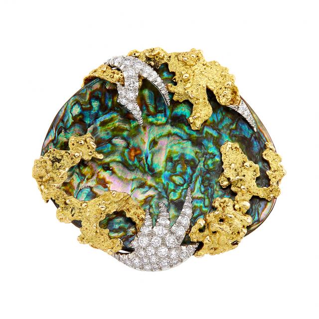 Gold, Platinum, Abalone Shell and Diamond Brooch, Mellerio