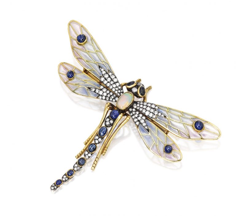 Silver, Gold, Plique-à-jour Enamel, Sapphire, Opal and Diamond Brooch Designed as a dragonfly