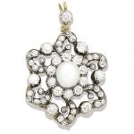 A natural pearl and diamond brooch/pendant, circa 1880