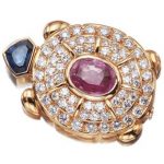 Pink Sapphire, Sapphire and Diamond Turtle Clip Brooch