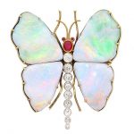 Antique Gold, Platinum, Boulder Opal, Ruby and Diamond Butterfly Brooch