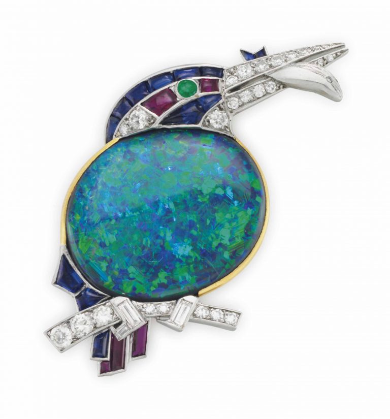 A BLACK OPAL, MULTI-GEM AND DIAMOND 'KINGFISHER WITH FISH' BROOCH, BY CARTIER