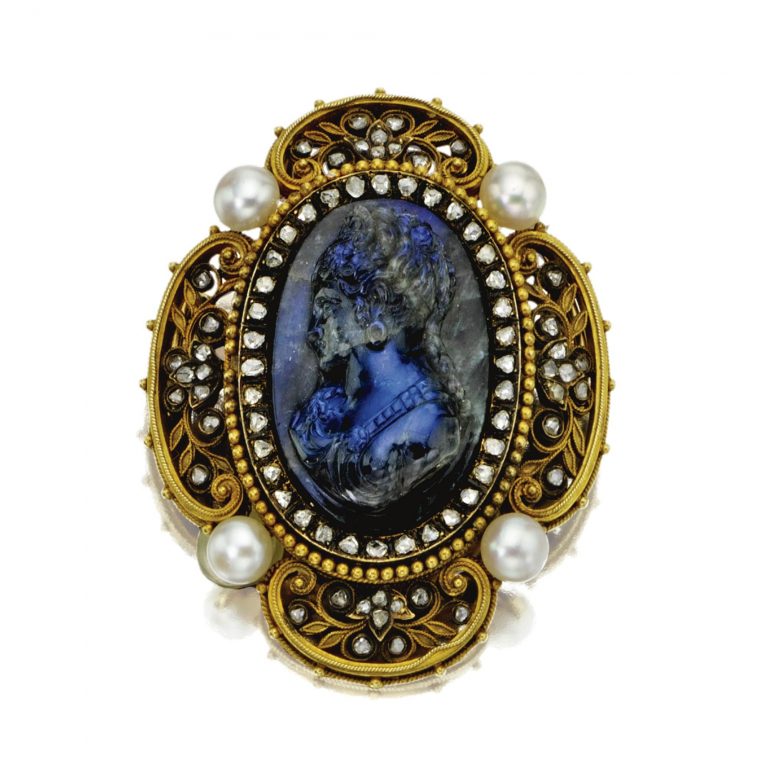 Labradorite cameo, diamond and pearl locket-brooch, circa 1890