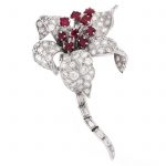 Vintage David Webb Approx. 6.50 Carat Pave Set Round Brilliant and Baguette Cut Diamond, Square Cut Ruby and Platinum Flower Brooch