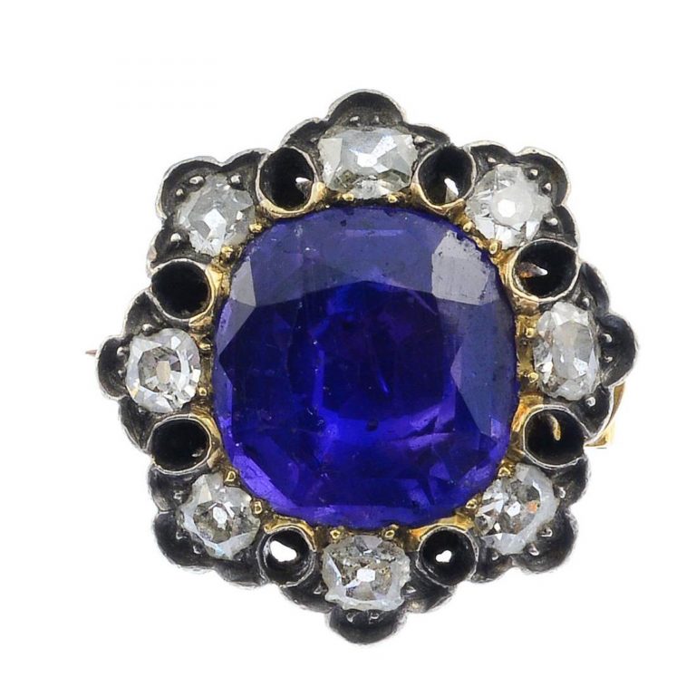 A mid Victorian silver and gold sapphire and diamond brooch