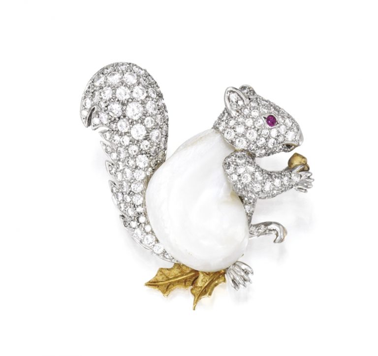Platinum, Gold, Baroque Pearl, Diamond and Ruby Brooch, Verdura Designed as a squirrel