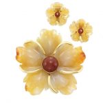 Gold, Carved Agate and Carnelian Flower Brooch and Pair of Earclips