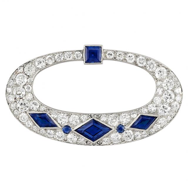 Art Deco Platinum, Diamond and Sapphire Brooch, Cartier