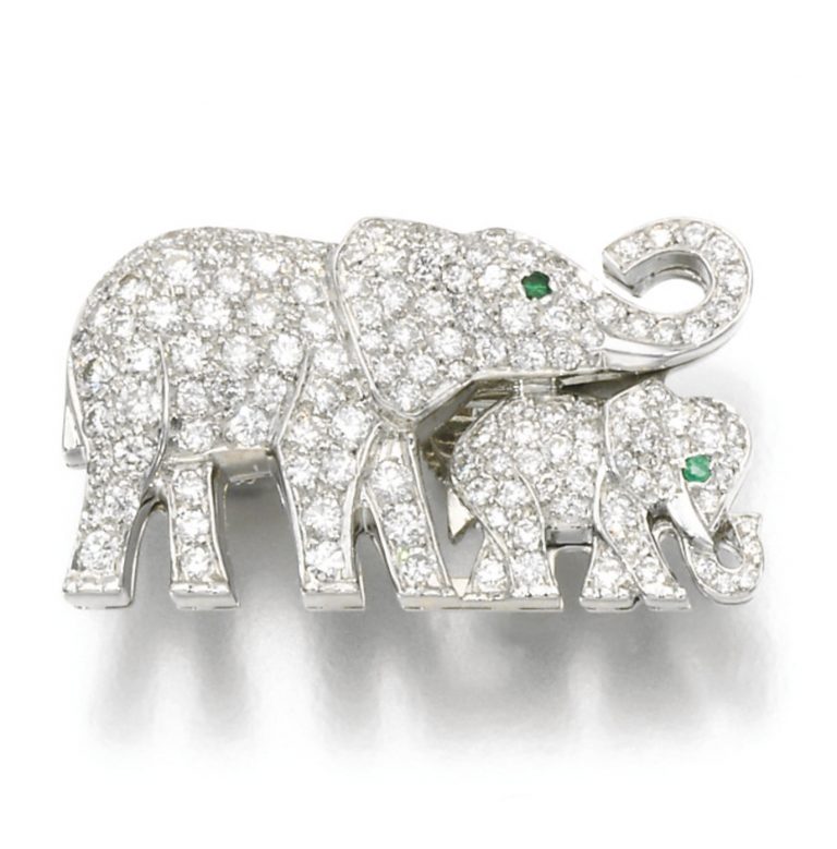 Diamond and emerald brooch, Cartier Designed as a pair of elephants