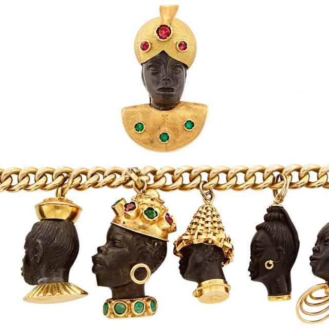 Gold, Blackamoor and Gem-Set Charm Bracelet and Brooch