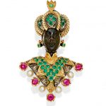 A gem-set, cultured pearl, black onyx and 18k gold blackamoor clip brooch, Nardi