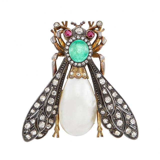 Antique Silver, Gold, Cabochon Emerald, Blister Pearl, Diamond and Ruby Insect Brooch