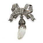 Natural Pearl and Diamond Brooch Suspending a baroque-shaped natural pearl