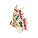 Antique Gold, Natural Pearl, Diamond, Ruby, Emerald and Sapphire Butterfly Brooch