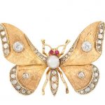 Antique Two-Color Gold, Diamond, Button and Split Pearl and Ruby Butterfly Brooch
